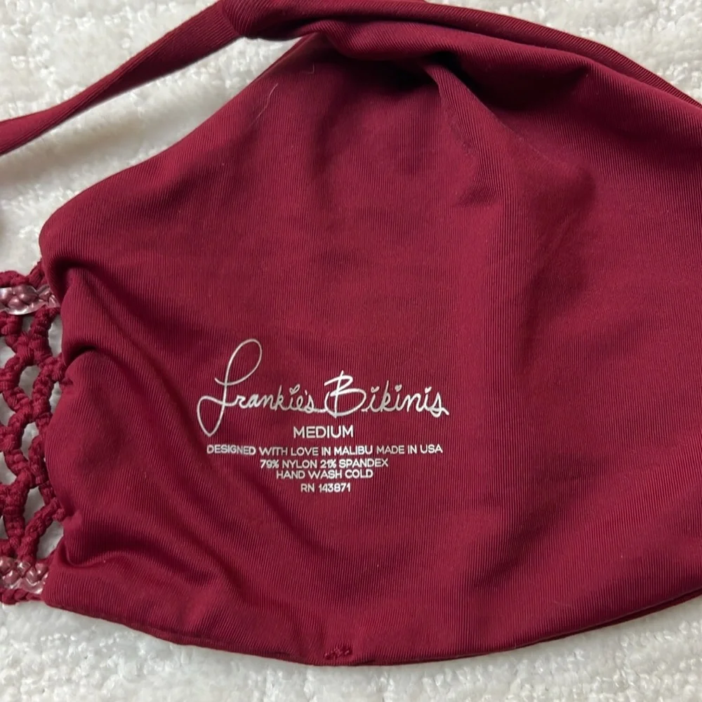 New! Frankie’s Bikinis burgundy Halter Top crochet back tie neck M